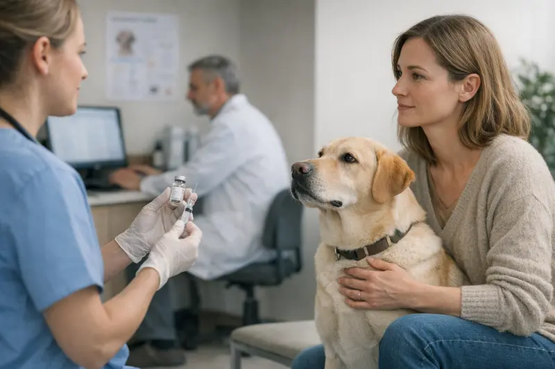 Tierarzt konsultiert Hund für Impfung Ein Tierarzt untersucht einen Hund vor einer Impfung, um die Impfkosten genau zu bestimmen.