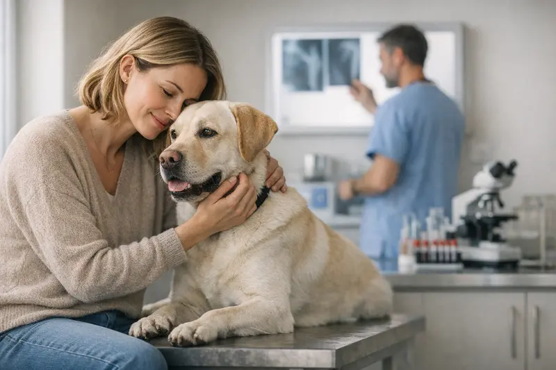 Ein Hund bei der Untersuchung im Tierarztpraxis, um die Wichtigkeit von Tarifmerkmalen bei einer Tierkrankenversicherung zu verdeutlichen.