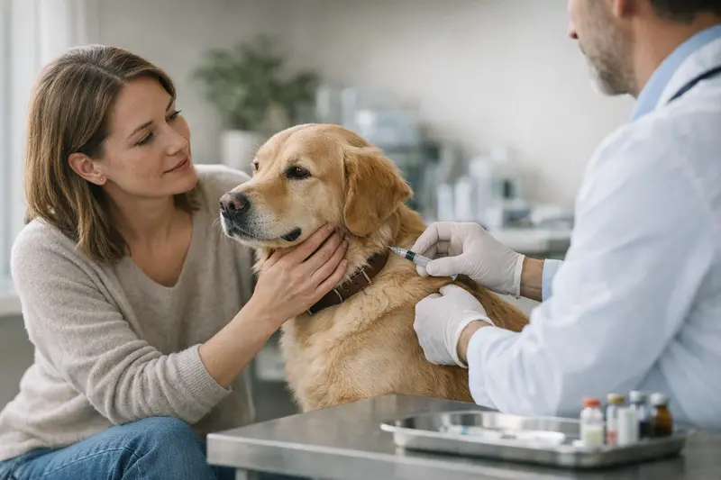 Hund beim Tierarzt zur Impfungsüberprüfung Tierarzt untersucht einen Hund zur Überprüfung der Impfungen in einer Klinik.