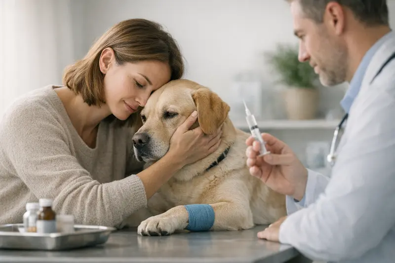 Tierarztbesuch nach Impfung Hund bei der Untersuchung nach einer Impfung in einer Tierarztpraxis