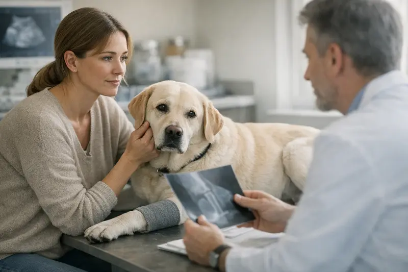 Hund beim Tierarzt zu einem empfohlenen Eingriff Ein Hund beim Tierarzt, der auf einen bevorstehenden Eingriff vorbereitet wird.