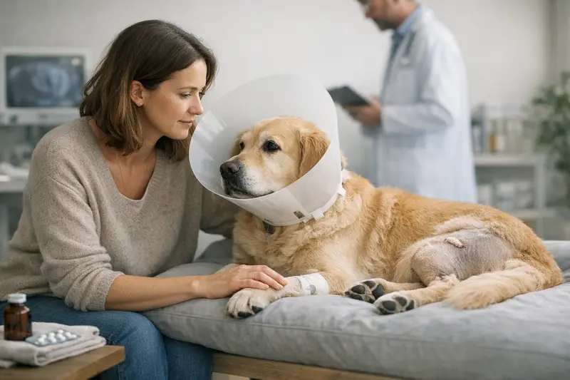 Hund bei einer Tierarztuntersuchung nach einer Operation, die Kosten einer Hunde-OP abdeckend.