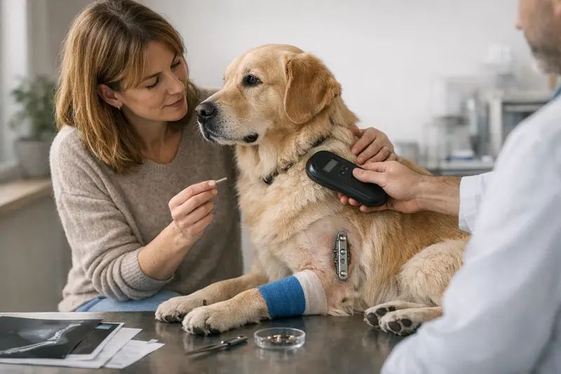 Tierarztdiagnose Implantat Kosten Hund Ein Hund beim Tierarzt, der eine Untersuchung für ein Implantat erhält.