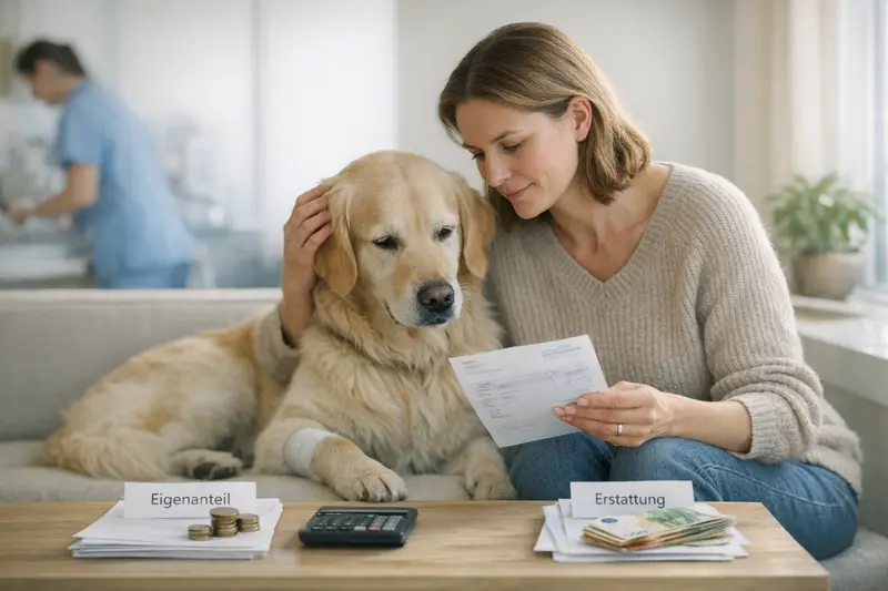 Hund mit Verband und Tierarzt Ein Hund mit Verband, der tierärztlich behandelt wird, symbolisiert Selbstbeteiligung und Erstattungsquote in der Hundekrankenversicherung.