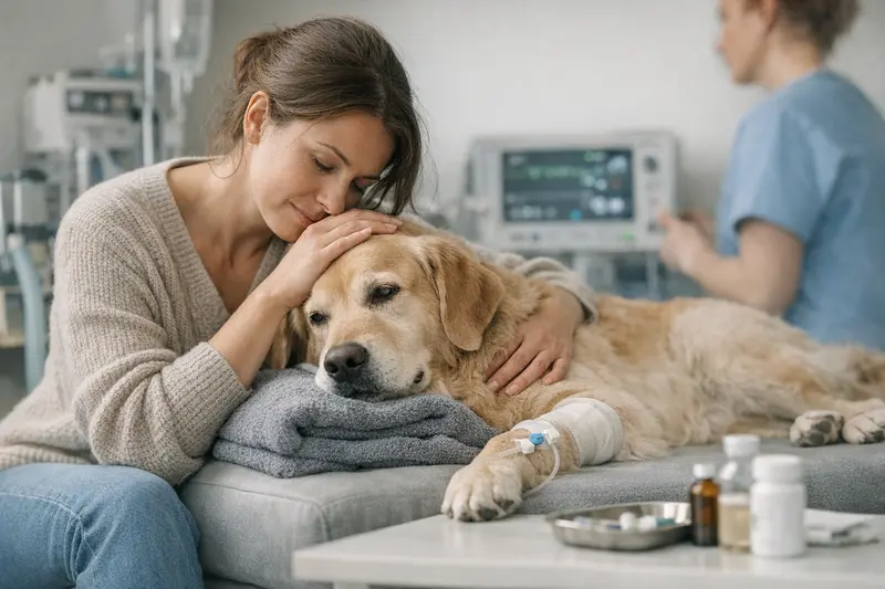 Ein Hund wird in einer Tierarztpraxis auf eine Operation vorbereitet, während das Personal die relevanten Kosten erklärt.