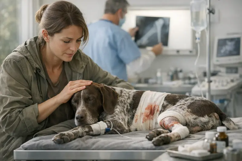 Tierarztkosten nach Jagd-Unfall bei Hunden Ein Hund in der Tierarztpraxis, der nach einem Jagd-Unfall untersucht wird.