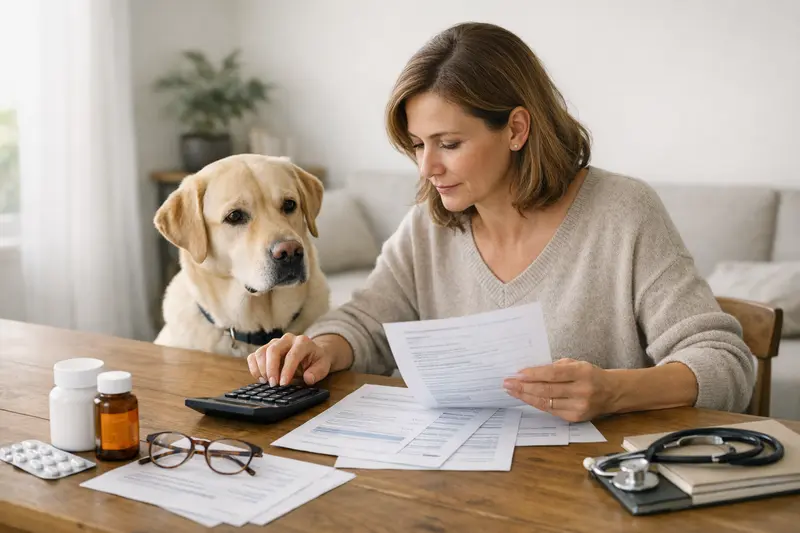Selbstbeteiligung und Erstattung in der Tierkrankenversicherung Hundehalter bespricht die Selbstbeteiligung und Erstattung der Tierkrankenversicherung mit einem Tierarzt.