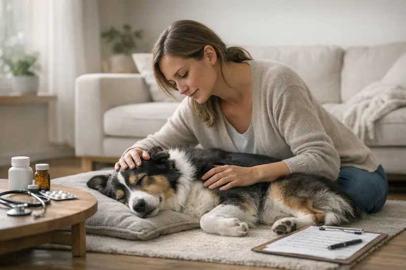 Eine Hundebesitzerin, die besorgt ihren Hund mit Anzeichen von Epilepsie beim Tierarzt untersucht.