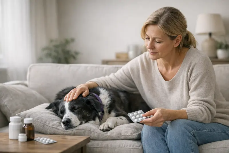 Tierarztstuhl mit Hund und Medikationen Ein Hund beim Tierarzt, der Medikamente für eine Behandlung erhält.