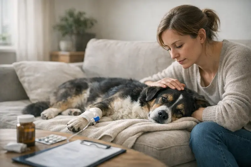 Ein Hund beim Tierarzt, der auf Symptome untersucht wird.