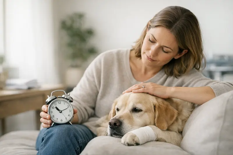 Ein Hund beim Tierarzt, der auf die Wartezeiten einer Krankenversicherung aufmerksam macht.