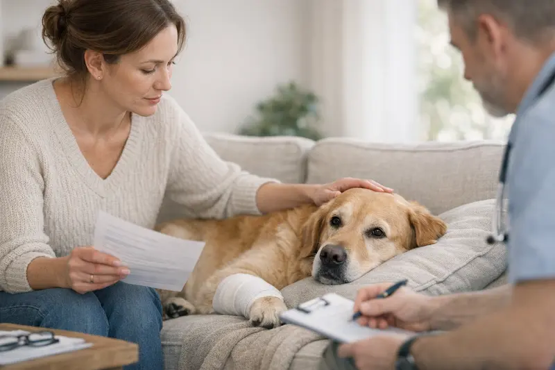 Ein Hund beim Tierarzt, der seine gesundheitlichen Unterlagen vorzeigt.