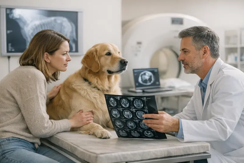 Tierarzt bei der Durchführung einer Röntgenuntersuchung an einem Hund.