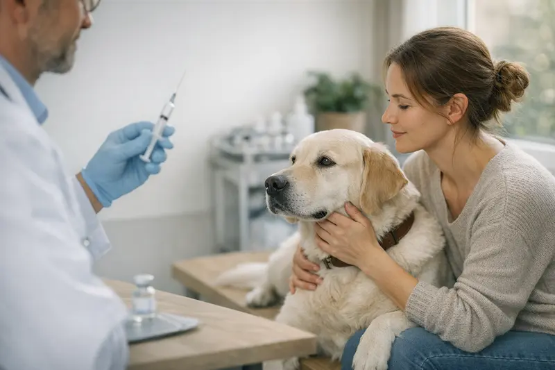 Tierärztliche Kontrolle und Impfungen für Hunde Hund bei einer tierärztlichen Untersuchung mit Blick auf Impfungen und Vorsorgeleistungen.