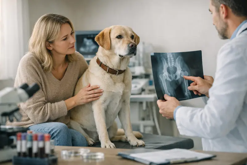Röntgenuntersuchung Hund Tierarzt Tierarzt führt Röntgenuntersuchung bei einem Hund durch, um Gesundheitszustand zu überprüfen.