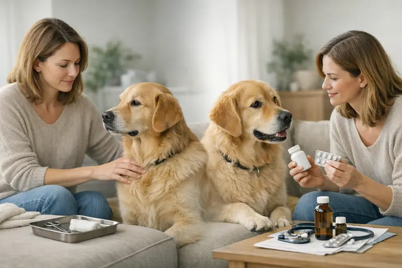 Zwei Hunde beim Tierarzt, die für den OP-Kostenschutz und Krankenvollschutz abgebildet sind.
