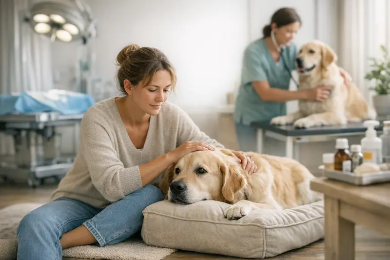 Ein Hund und sein Besitzer beim Tierarzt, der die Unterschiede zwischen Krankenversicherung und OP-Absicherung erläutert.