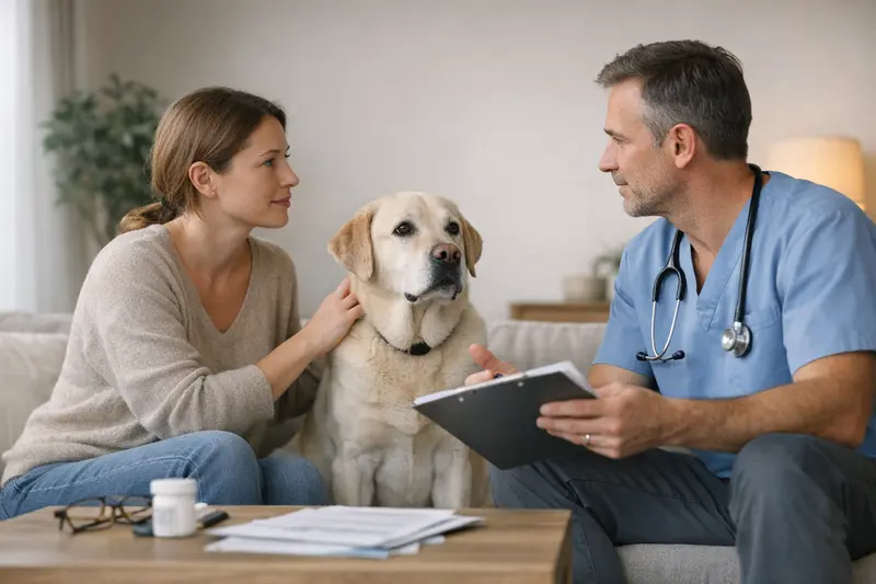 Hund Tierarzt Untersuchung Vorerkrankungen Ein Hund wird vom Tierarzt untersucht, um Vorerkrankungen zu bewerten.
