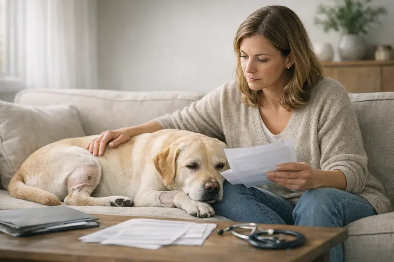Vorerkrankungen bei Hundekrankenversicherung Hund mit einem Tierarzt, der über Vorerkrankungen und Versicherungsbedingungen informiert.