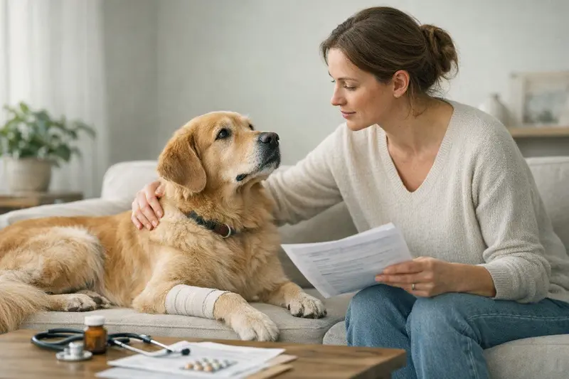 Hund beim Tierarzt für Gesundheitsprüfung Ein Hund beim Tierarzt, der untersucht wird, um die Gesundheitsangaben für eine Krankenversicherung zu klären.