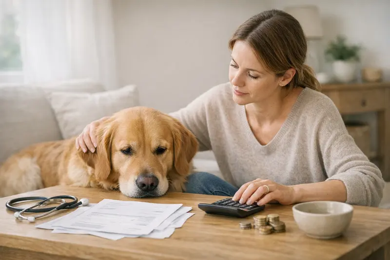 Hunde Selbstbeteiligung in der Krankenversicherung Ein Hund, der beim Tierarzt behandelt wird, während der Besitzer über Selbstbeteiligung in der Krankenversicherung nachdenkt.