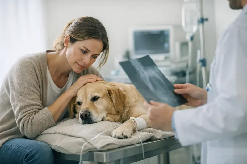 Notfallbehandlung eines Hundes beim Tierarzt Ein Hund wird von einem Tierarzt während einer Notfalluntersuchung behandelt.