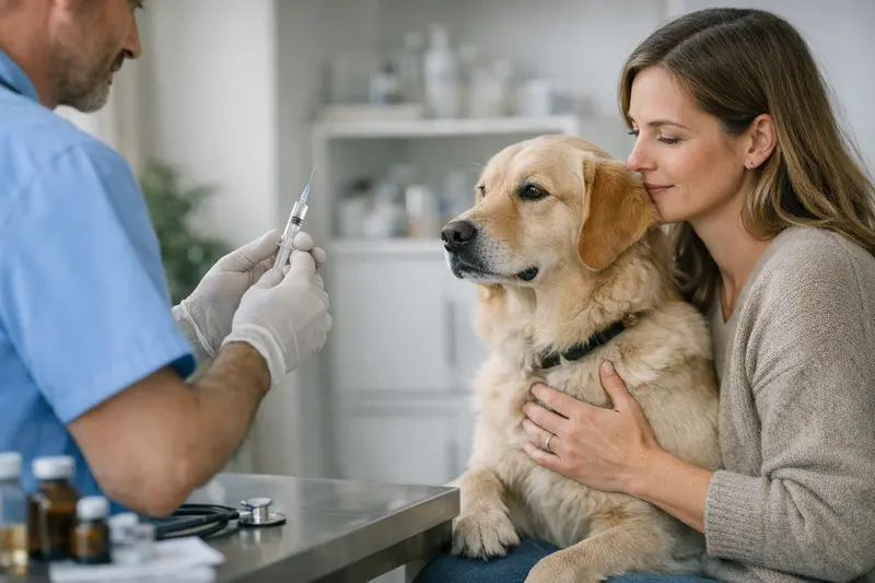 Tierarztbesuch für Hundevorsorge Ein Hundebesitzer bringt seinen Hund zur Vorsorgeuntersuchung beim Tierarzt.