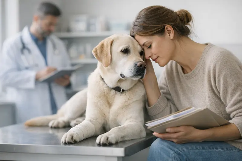 Hund mit Tierarzt bei der Untersuchung, symbolisiert die Bedeutung von Vorerkrankungen in der Hundeversicherung.
