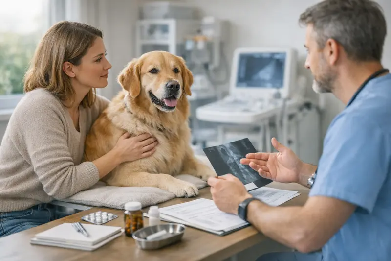 Eine Hundebesitzerin vergleicht verschiedene Hundekrankenversicherungen am Computer.