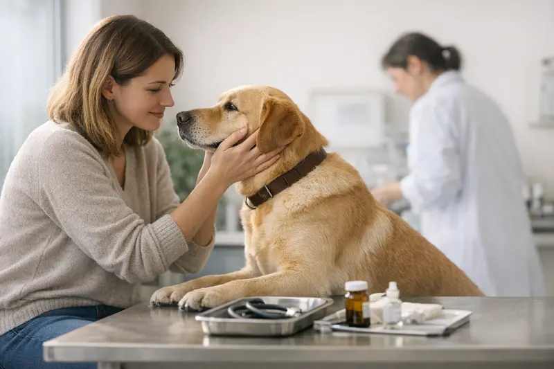 Vorsorgeuntersuchung beim Hund Tierarzt untersucht einen Hund bei einer Vorsorgeuntersuchung.
