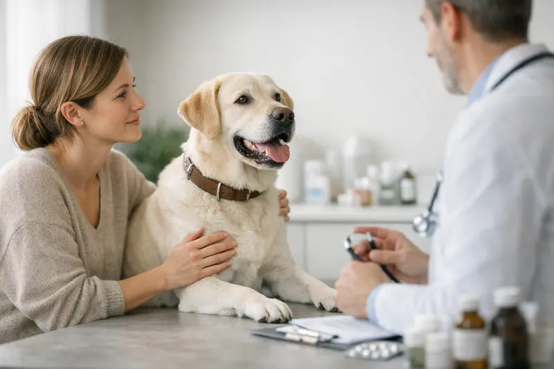 Vorsorgeuntersuchung bei einem Hund Tierarzt bei der Untersuchung eines Hundes, der regelmäßig Vorsorgeleistungen in Anspruch nimmt.