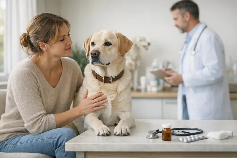 Vorsorgeuntersuchung Hund beim Tierarzt Ein glücklicher Hund beim Tierarzt, der eine Vorsorgeuntersuchung erhält.