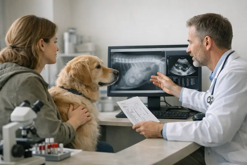 Tierarzt Diagnostik für Hundekrankenversicherung Tierarzt bei der Durchführung diagnostischer Tests an einem Hund, um optimale Behandlung zu gewährleisten.