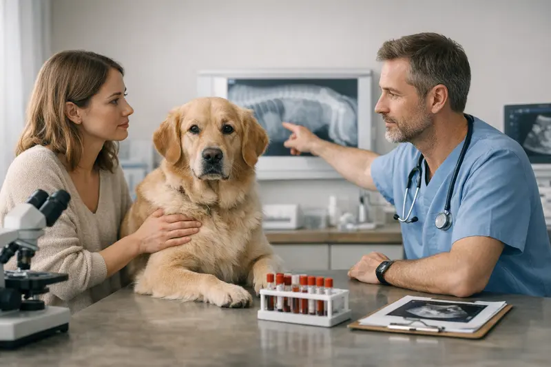 Diagnostik im Tarifvergleich für Hunde-Krankenversicherungen Hund beim Tierarzt, wo wichtige diagnostische Verfahren besprochen werden.