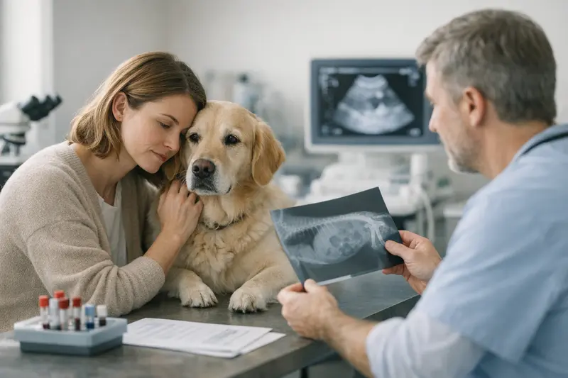 Diagnostik beim Hund – Schlüssel zur richtigen Behandlung Tierarzt untersucht einen Hund mithilfe von Diagnosetests zur Krankheitsabklärung.