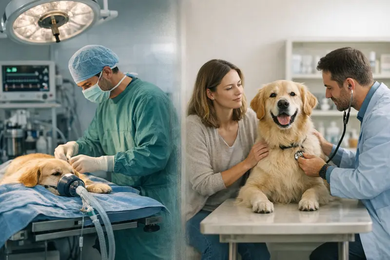 Unterschied zwischen OP-Schutz und Hunde-Krankenversicherung Ein Hund beim Tierarzt. Die Tierärztin erklärt den Unterschied zwischen OP-Schutz und Hunde-Krankenversicherung.