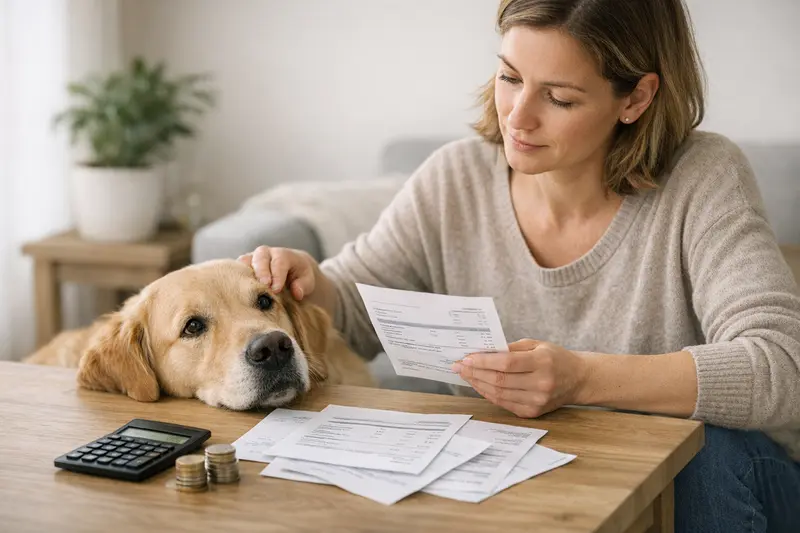 Ein Hund beim Tierarzt, der eine Behandlung erhält, während der Halter die Kosten über seine Hunde-Krankenversicherung abschätzt.