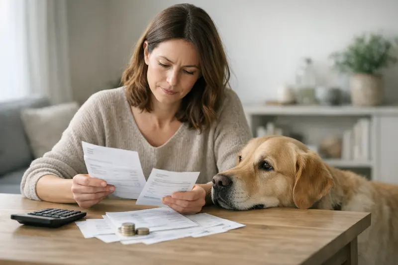 Selbstbeteiligung in der Hunde-Krankenversicherung verstehen Hundehalter beim Durchlesen von Tierarztkosten und Versicherungsbedingungen.