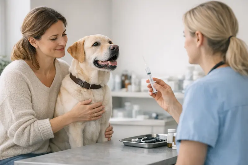 Hunde-Krankenversicherung und Vorsorge Ein glücklicher Hund beim Tierarzt für Vorsorgeuntersuchungen