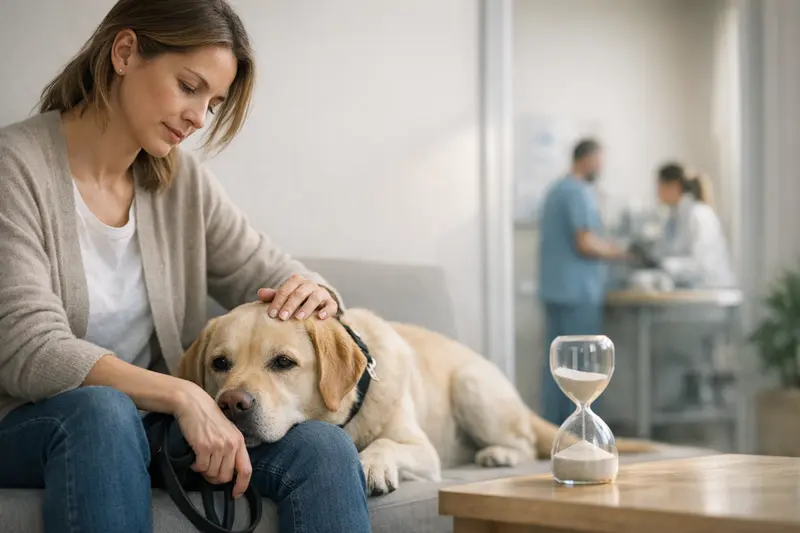 Wartezeiten bei Hundeversicherungen Hundehalter beim Tierarzt mit Fragen zu Wartezeiten der Hundeversicherung.