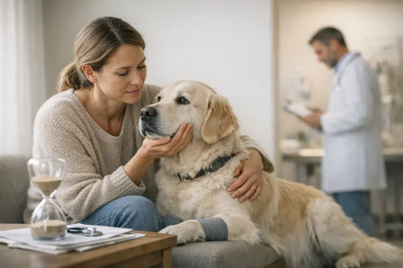 Wartezeiten bei der Hunde-Krankenversicherung Hund beim Tierarzt, der über Wartezeiten der Krankenversicherung informiert wird.