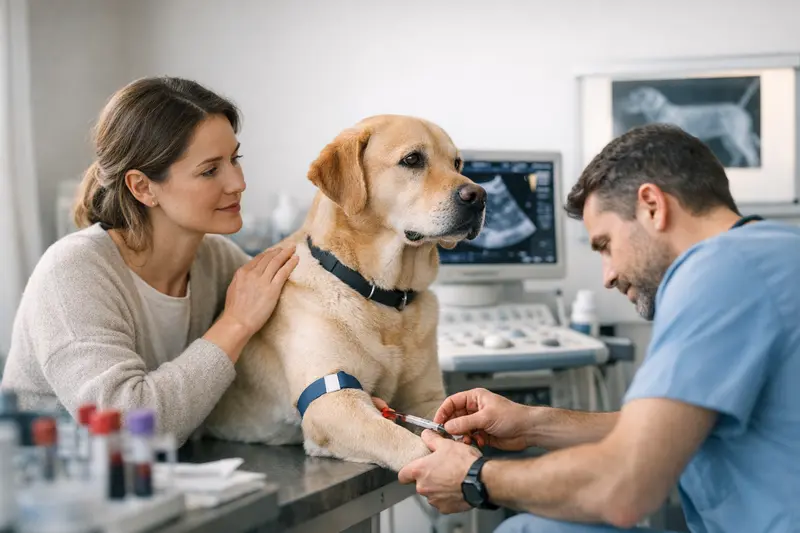 Diagnostik bei Hundeversicherungen Tierarzt, der eine Blutuntersuchung bei einem Hund durchführt, um Diagnosen zu stellen.