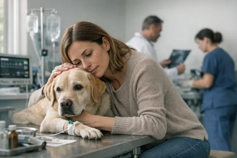 Notdienstbehandlung Hund Tierarzt bei der Behandlung eines Hundes im Notdienst, um akute Gesundheitsprobleme zu diagnostizieren.