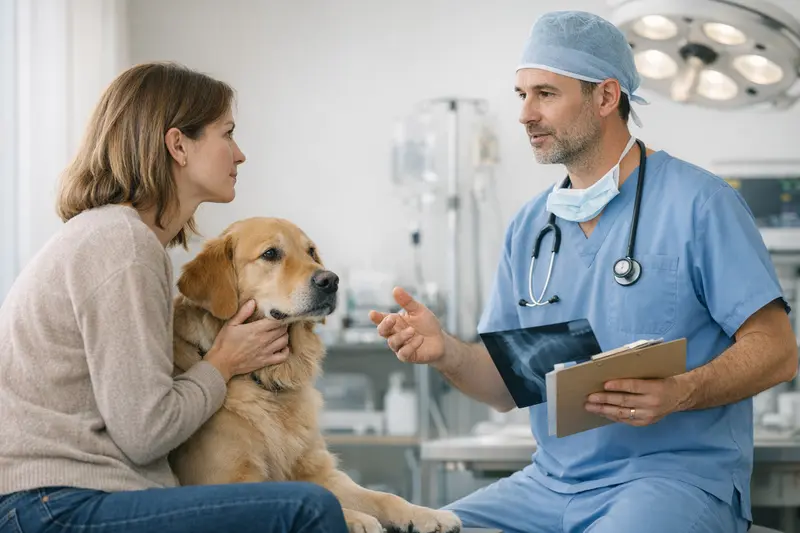 Hunde bei der tierärztlichen Behandlung Ein Hund beim Tierarzt, der behandelt wird, um die Bedeutung von Hunde-Krankenversicherungen zu verdeutlichen.