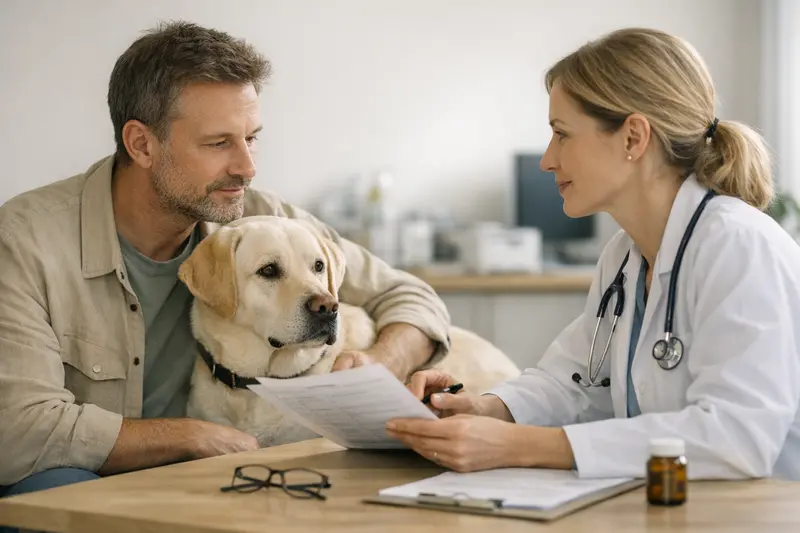 Tierarztbesuch mit Hund bei Vorerkrankungen Ein Hund beim Tierarzt, der eine Untersuchung wegen einer Vorerkrankung durchläuft.