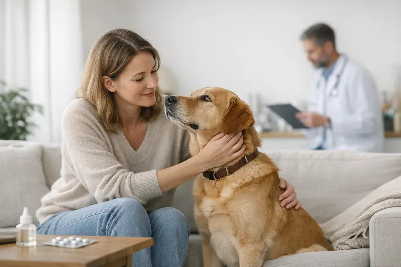 Hundekrankenversicherung: Vorsorgeleistungen im Überblick Eine Tierärztin erklärt einem Hundebesitzer die Vorsorgeleistungen seiner Hundekrankenversicherung.