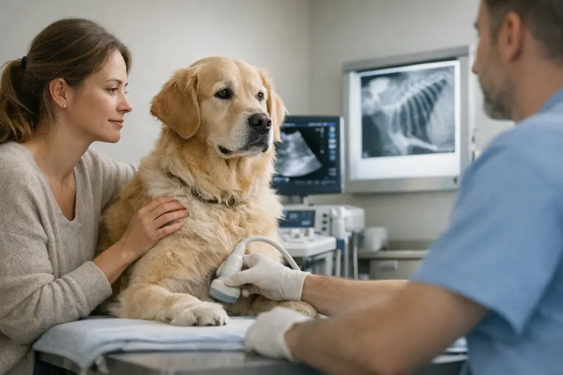 Diagnostik bei Hundekrankenversicherung Ultraschalluntersuchung eines Hundes beim Tierarzt zur Diagnostik.