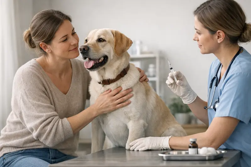Tierarztbesuch für Hundeimpfungen Hundehalter bespricht mit Tierarzt die Kosten für Impfungen und Vorsorgeleistungen in einer Tierarztpraxis.