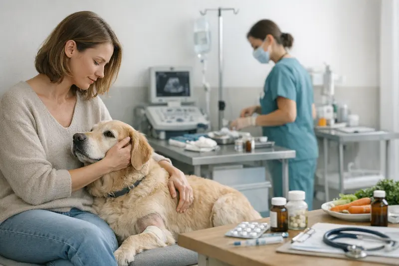 Ein Hund wird von einem Tierarzt untersucht und erhält eine Behandlung.