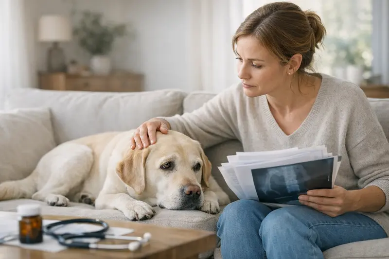 Hundeversicherung und Vorerkrankungen Hundehalter bespricht mit Veterinär über Symptome seines Hundes ohne Diagnose